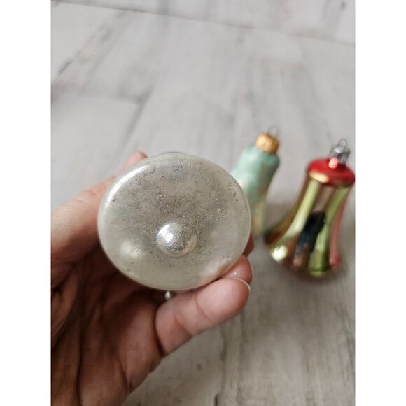 Vintage glass bell striped red green ornament Xmas set - Picture 6 of 14